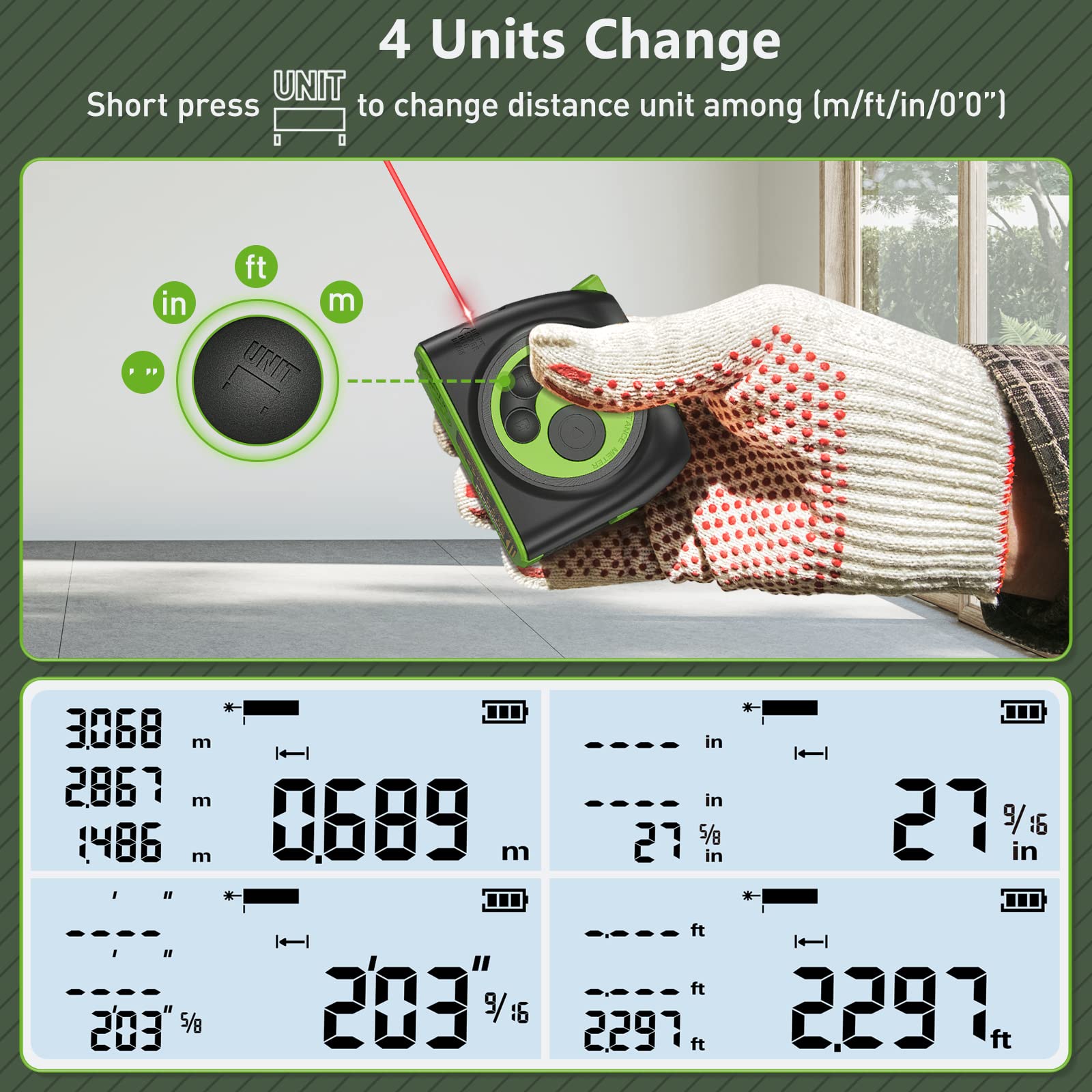 Huepar 2-in-1 Laser Tape Measure, 197Ft Rechargeable Laser Measurement Tool & 16Ft. Measure Tape with Backlit LCD & Movable Hook -Pythagorean, Area, Volume, M/in/Ft Unit Switch Digital Distance Meter