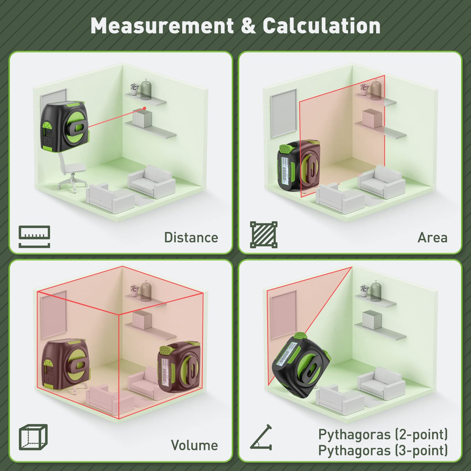 Huepar 2-in-1 Laser Tape Measure, 197Ft Rechargeable Laser Measurement Tool & 16Ft. Measure Tape with Backlit LCD & Movable Hook -Pythagorean, Area, Volume, M/in/Ft Unit Switch Digital Distance Meter