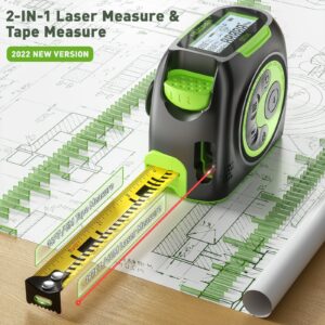 Huepar 2-in-1 Laser Tape Measure, 197Ft Rechargeable Laser Measurement Tool & 16Ft. Measure Tape with Backlit LCD & Movable Hook -Pythagorean, Area, Volume, M/in/Ft Unit Switch Digital Distance Meter