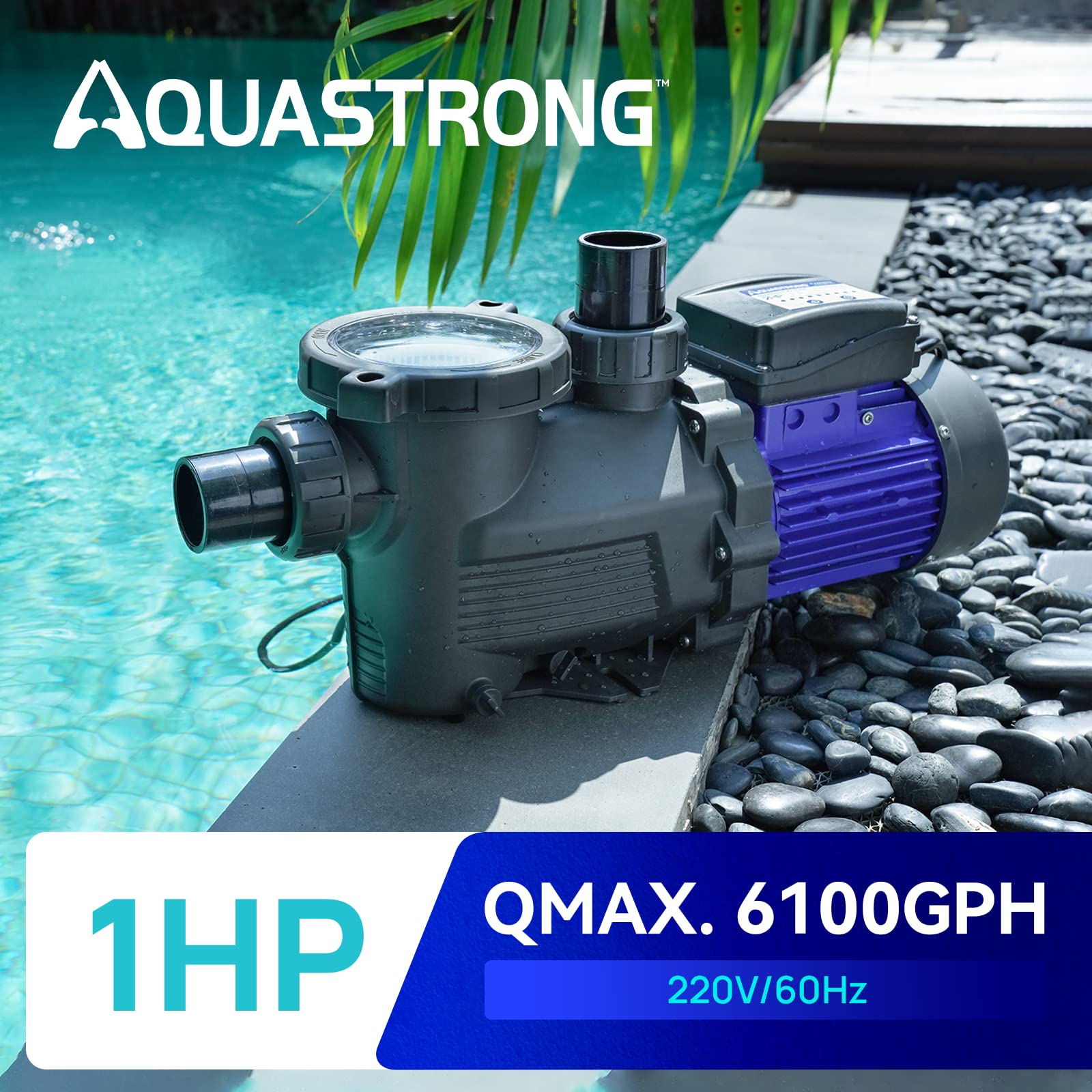 AQUASTRONG 1 HP In/Above Ground Pool Pump with Timer, 220V, 6100GPH, High Flow, Powerful Self Primming Swimming Pool Pumps with Filter Basket