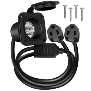 bebobly 15 amp ac port plug, 125v power inlet socket with waterproof cover & integrated dual 18" extension cord, 2 pole 3-wire nema 5-15 flanged generator inlet plug for rv boat electrical connections