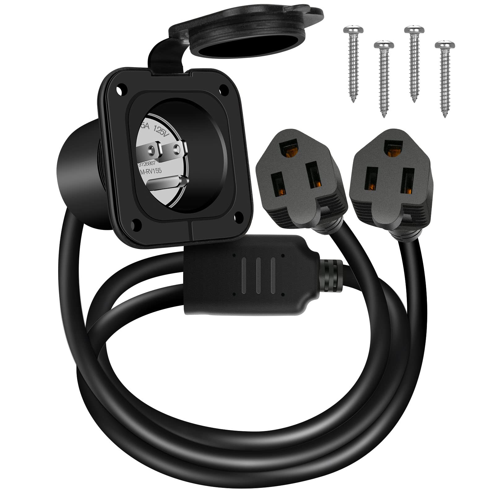 BEBOBLY 15 Amp AC Port Plug, 125V Power Inlet Socket with Waterproof Cover & Integrated Dual 18" Extension Cord, 2 Pole 3-Wire NEMA 5-15 Flanged Generator Inlet Plug for RV Boat Electrical Connections