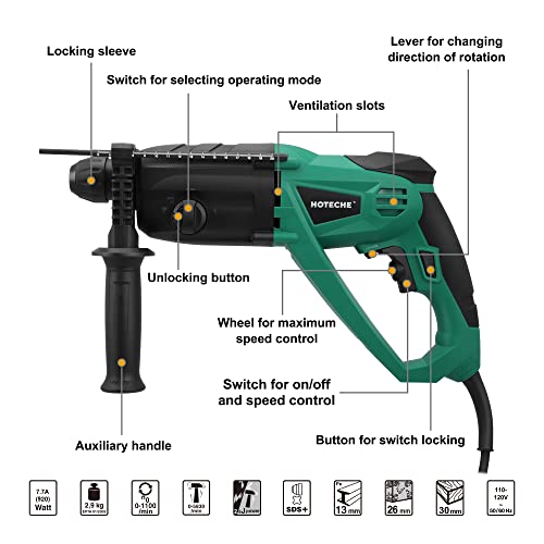 Hoteche 3-in-1 Rotary Hammer Drill 1-Inch SDS Plus Electric Hammer 7.7-Amp/920W Variable Speed Corded Power Hammer Drill Lightweight Demolition Jack Hammer for Concrete with 3 Drill Bits