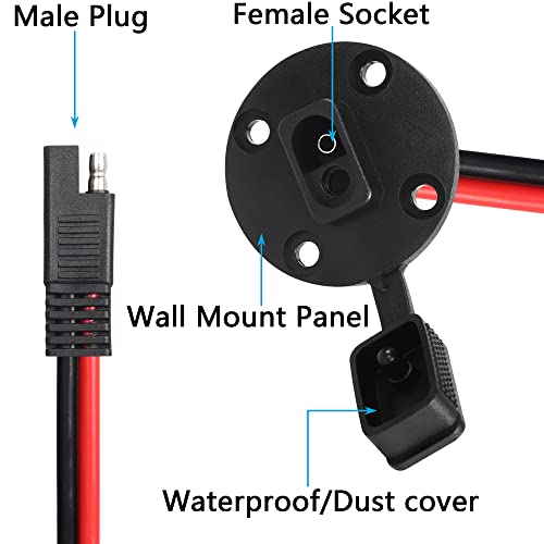 CERRXIAN 0.3m 10awg SAE Mount Panel Solar Socket Sidewall Port Cable & 0.3m 10awg SAE 2 PIN Connector Extension Cable with O Ring(2-Pack)(1a-2a)