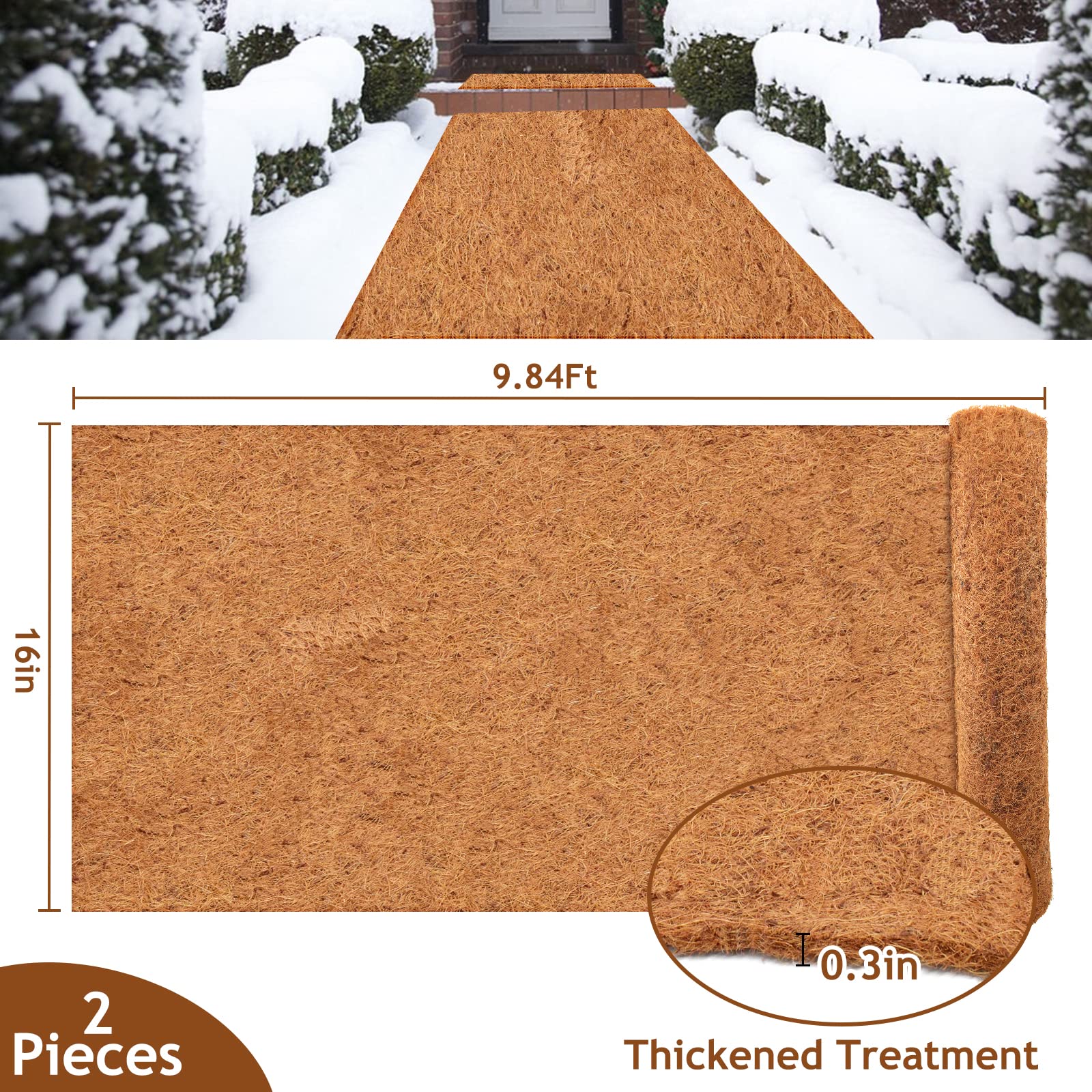 Riare 2 Pack 16 × 118 Inch No-Slip Ice and Snow Carpet Mats- Natural Coconut Fiber Carpet Anti-Slip Coco Coir Carpet Mat for Winter Walkways Front Door Stairs Porch Outdoor Garden Patio Safe Walking