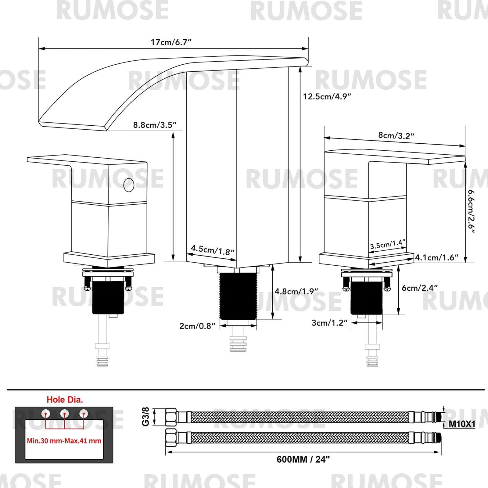 RUMOSE 8 inch Bathroom Faucets Set Matte Black Bathroom Sink Faucet 3 Hole Widespread 2 Handles Brass Lavatory Vanity Faucet Waterfall Spout Bathroom Faucet Deck Mounted