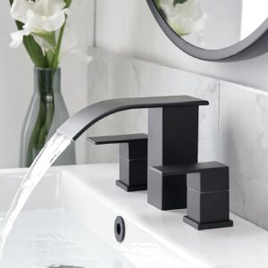 RUMOSE 8 inch Bathroom Faucets Set Matte Black Bathroom Sink Faucet 3 Hole Widespread 2 Handles Brass Lavatory Vanity Faucet Waterfall Spout Bathroom Faucet Deck Mounted