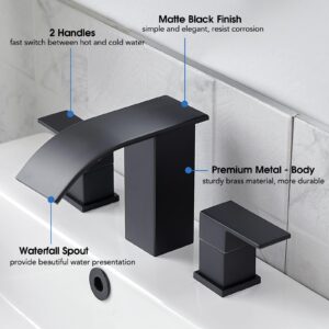 RUMOSE 8 inch Bathroom Faucets Set Matte Black Bathroom Sink Faucet 3 Hole Widespread 2 Handles Brass Lavatory Vanity Faucet Waterfall Spout Bathroom Faucet Deck Mounted