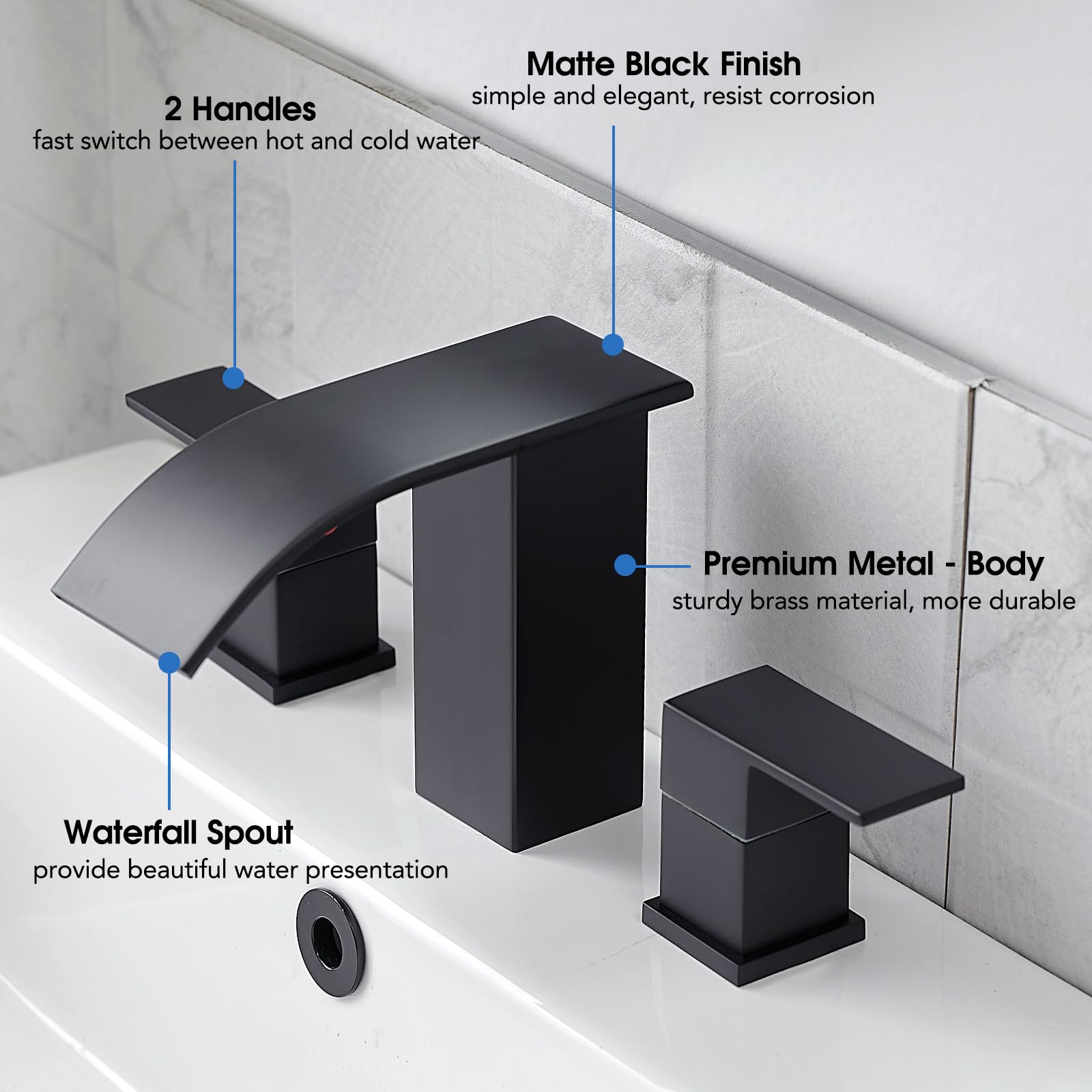 RUMOSE 8 inch Bathroom Faucets Set Matte Black Bathroom Sink Faucet 3 Hole Widespread 2 Handles Brass Lavatory Vanity Faucet Waterfall Spout Bathroom Faucet Deck Mounted