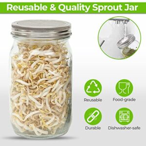 Sprouting Jar Kit Microgreens Grower - Set of 2 Wide Mouth Mason Jars with Stainless Steel Sprout Lids - Sprouter for Growing Broccoli Alfalfa Mung Bean Seeds - FUASHA