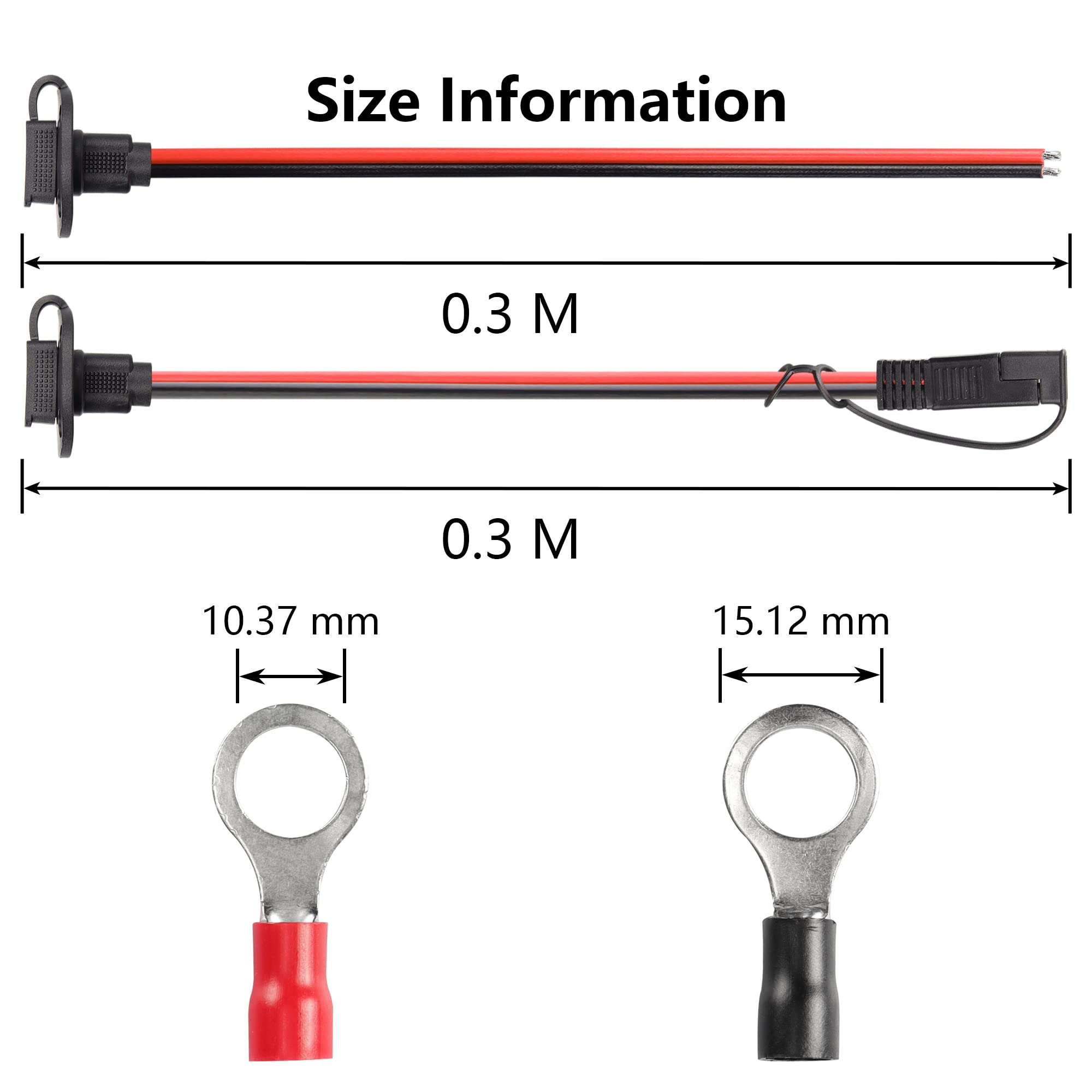 CERRXIAN 0.3m 12awg SAE Flush Mount Panel Solar Cable & 0.3m 12awg Quick Connect SAE to SAE Sidewall Port Extension Cable with O Ring(2-Pack)(1a-3a)