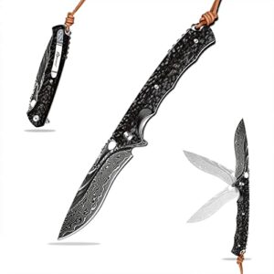 sdokedc best handmade damascus pocket knife for men flipper folding hunting knives with liner lock clip camping survival gear edc self defense knife (ebony)