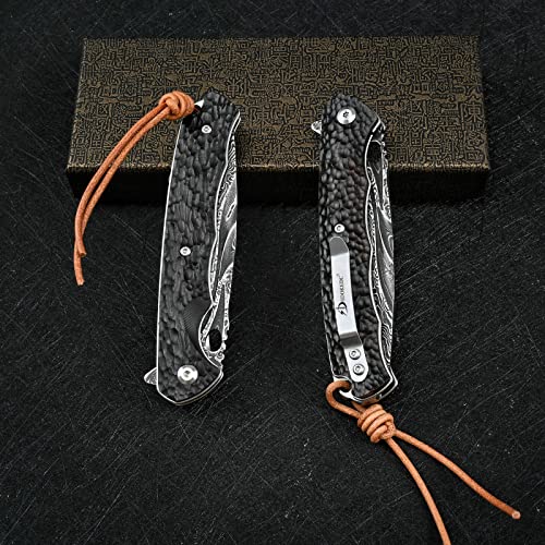 SDOKEDC Best Handmade Damascus Pocket Knife For Men Flipper Folding Hunting Knives With Liner Lock Clip Camping Survival Gear Edc Self Defense Knife (Ebony)