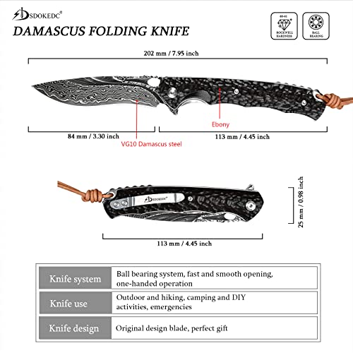 SDOKEDC Best Handmade Damascus Pocket Knife For Men Flipper Folding Hunting Knives With Liner Lock Clip Camping Survival Gear Edc Self Defense Knife (Ebony)