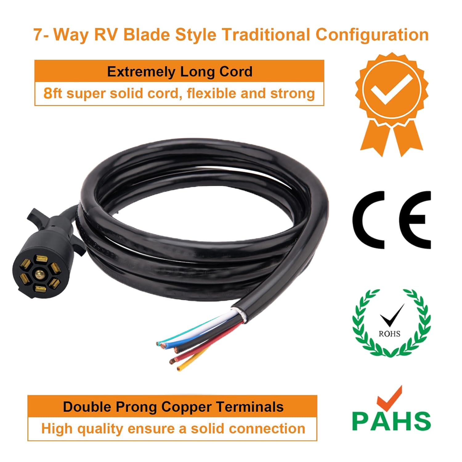 CXTM 7 Way Trailer Cord, Heavy Duty 7 Way Trailer Plug Inline Cord Wire Harness Cable Double Prongs Connector 7 pin Trailer Wiring Harness 8 Feet for Camper Blade Molded RV Cable Wire(8ft)