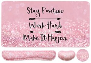 keyboard mouse pad set, extended mouse pad+keyboard wrist rest support, memory foam ergonomic easy typing, 3pcs (35.4×15.7 in) desk pad set for home office study game - pink stay positive