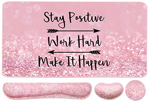 Keyboard Mouse Pad Set, Extended Mouse Pad+Keyboard Wrist Rest Support, Memory Foam Ergonomic Easy Typing, 3Pcs (35.4×15.7 in) Desk Pad Set for Home Office Study Game - Pink Stay Positive