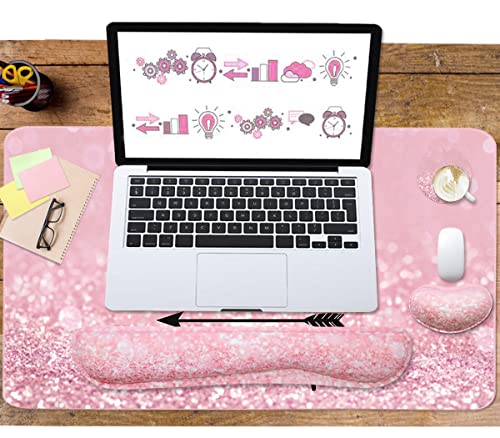 Keyboard Mouse Pad Set, Extended Mouse Pad+Keyboard Wrist Rest Support, Memory Foam Ergonomic Easy Typing, 3Pcs (35.4×15.7 in) Desk Pad Set for Home Office Study Game - Pink Stay Positive