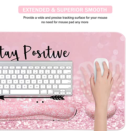 Keyboard Mouse Pad Set, Extended Mouse Pad+Keyboard Wrist Rest Support, Memory Foam Ergonomic Easy Typing, 3Pcs (35.4×15.7 in) Desk Pad Set for Home Office Study Game - Pink Stay Positive