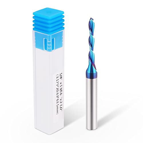 HQMaster Spiral Router Bits Down Cut 1/4 inch Shank Solid Carbide Nano Blue Coated Spiral Downcut CNC Bits End Mill for Wood Cut Carving Engraver (1/8" Cutting Diameter)