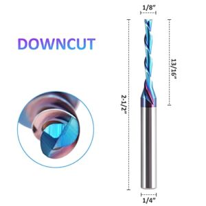 HQMaster Spiral Router Bits Down Cut 1/4 inch Shank Solid Carbide Nano Blue Coated Spiral Downcut CNC Bits End Mill for Wood Cut Carving Engraver (1/8" Cutting Diameter)