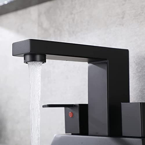 Friho Modern Commercial 4 Inch 2 Two Handle Centerset Matte Black Bathroom Faucet,Bathroom Sink Faucet Lavatory Basin RVs Bath Vanity Faucets for Sink 3 Hole with Water Hoses and Pop up Drain