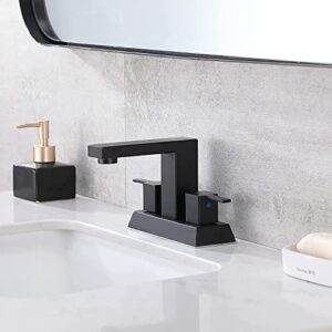 Friho Modern Commercial 4 Inch 2 Two Handle Centerset Matte Black Bathroom Faucet,Bathroom Sink Faucet Lavatory Basin RVs Bath Vanity Faucets for Sink 3 Hole with Water Hoses and Pop up Drain