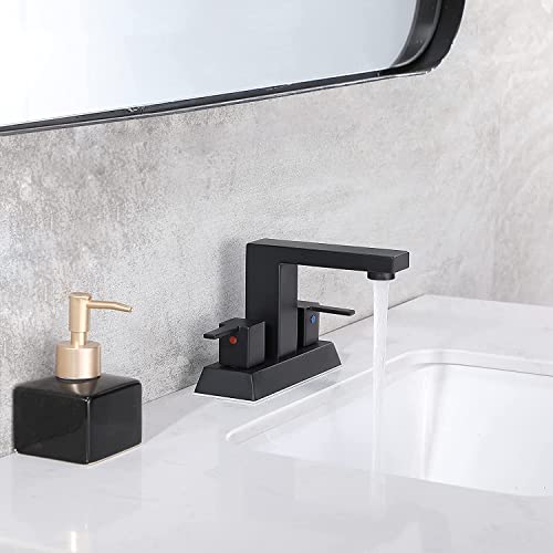 Friho Modern Commercial 4 Inch 2 Two Handle Centerset Matte Black Bathroom Faucet,Bathroom Sink Faucet Lavatory Basin RVs Bath Vanity Faucets for Sink 3 Hole with Water Hoses and Pop up Drain