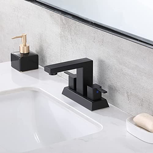 Friho Modern Commercial 4 Inch 2 Two Handle Centerset Matte Black Bathroom Faucet,Bathroom Sink Faucet Lavatory Basin RVs Bath Vanity Faucets for Sink 3 Hole with Water Hoses and Pop up Drain