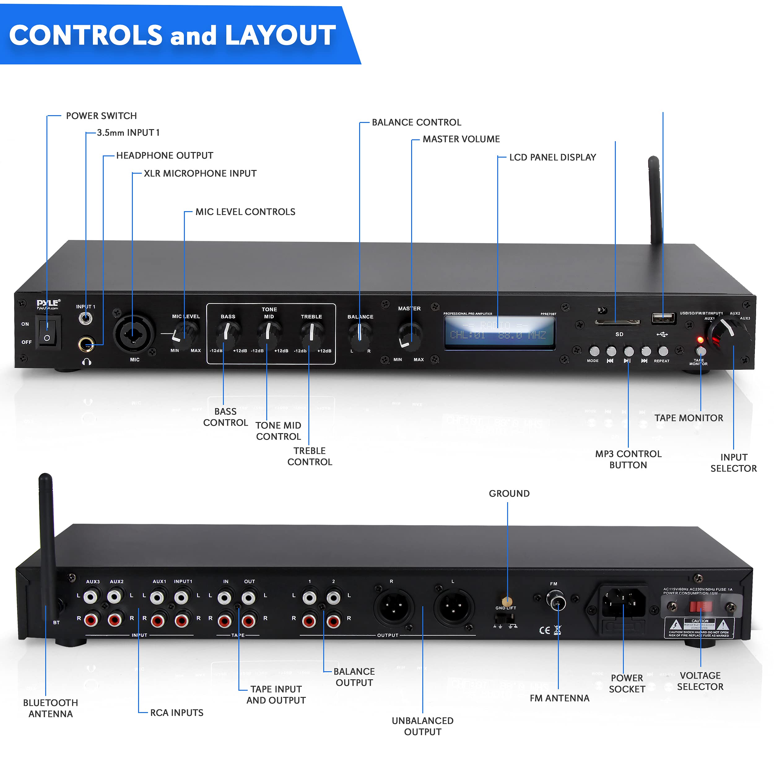 Pyle Pro Audio Rack Mount Pre-Amplifier System Bundle - Bluetooth Receiver, Power Strip Surge Protector