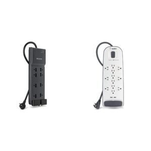 belkin 8-outlet home and office surge protector, 12ft cord, black & usb power strip surge protector - 12 ac multiple outlets & 2 usb ports - 6 ft long flat plug extension cord white (3,996 joules)