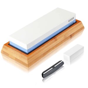 premium whetstone knife sharpening stone,2 side grit 1000/6000 whetstone sharpener,whetstone knife sharpener with nonslip bamboo base & angle guide