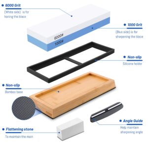 Premium Whetstone Knife Sharpening Stone,2 Side Grit 1000/6000 Whetstone Sharpener,Whetstone Knife Sharpener with NonSlip Bamboo Base & Angle Guide