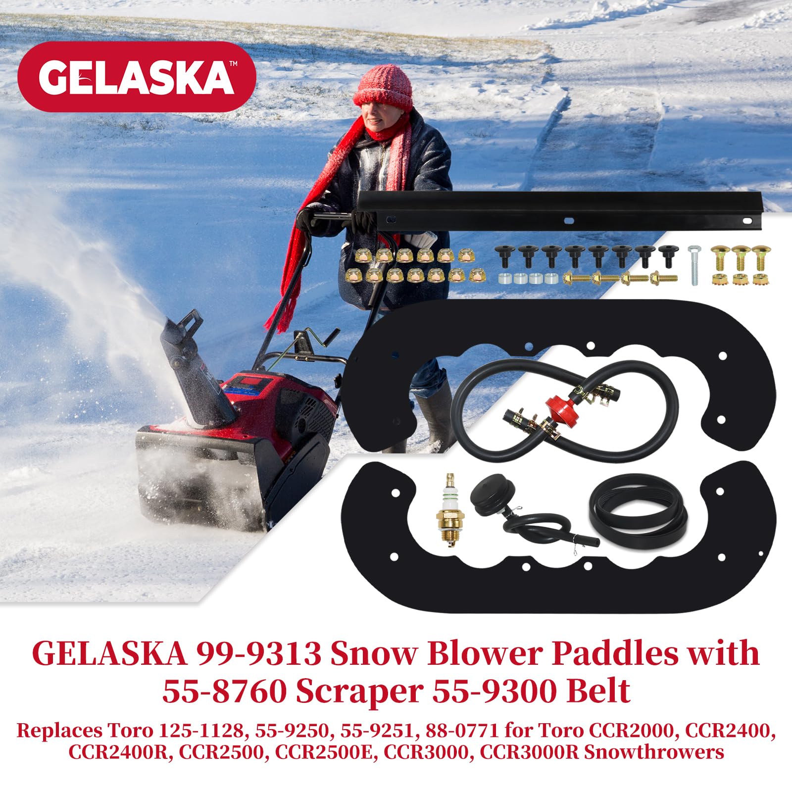 GELASKA 99-9313 Snow Blower Paddles with 55-8760 Scraper 55-9300 Drive Belt and Hardware Kit Replaces 125-1128, 55-9250, 55-9251, 88-0771 for Toro CCR 2000, CCR 2400, CCR 2500, CCR 3000 Snowthrowers