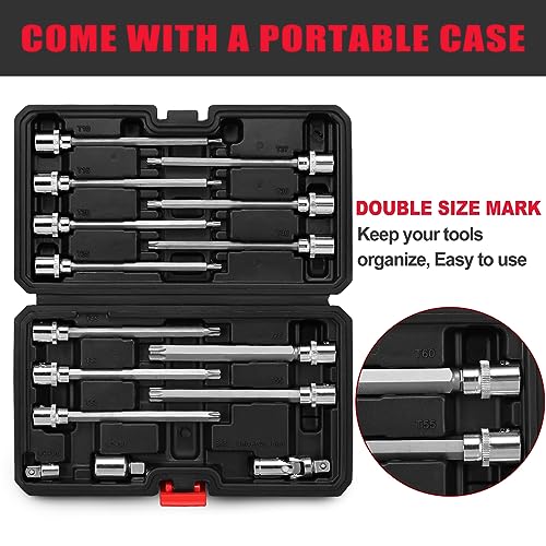 RIMKOLO 3/8" Drive Extra Long Torx Bit Socket Set,15-Piece T10-T60 Star Bit Socket Set S2 Alloy Steel Torx Bit 4.6" Length