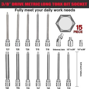 RIMKOLO 3/8" Drive Extra Long Torx Bit Socket Set,15-Piece T10-T60 Star Bit Socket Set S2 Alloy Steel Torx Bit 4.6" Length