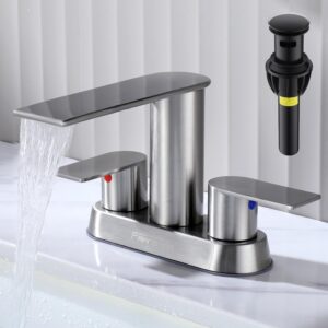 fransiton waterfall bathroom faucet lavatory 2 handle 3 hole 4 inch bathroom sink faucet washbasin faucet with deck and pop-up drain brushed nickel centerset bathroom faucet