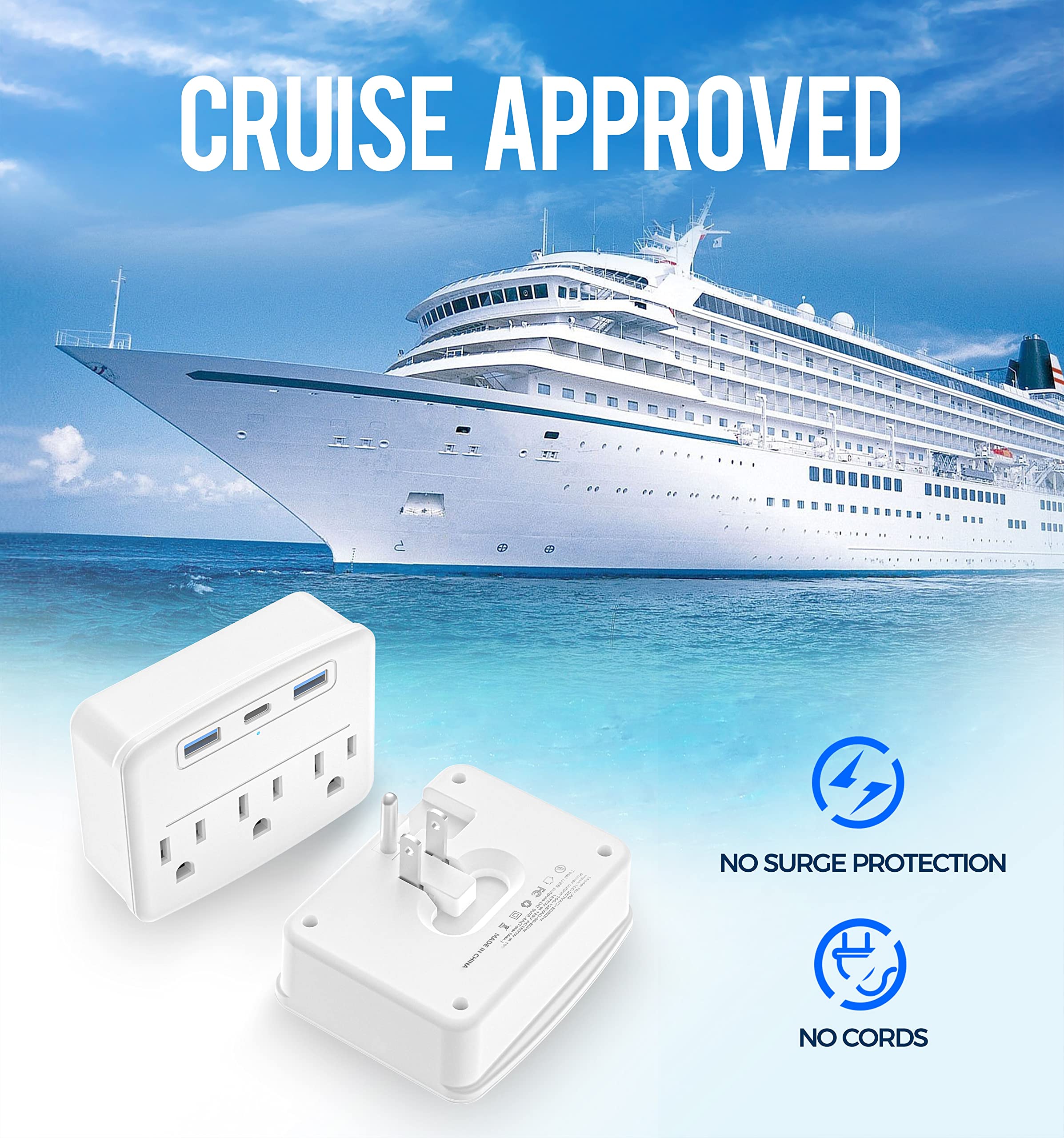 Cruise Power Strip Foldable Non Surge Protector with USB C Outlets 3.4A Total, Multi Plug Wall Socket, Cruise Essentials Accessories Must-Haves for Travel Ship, Home, Japan Applicable