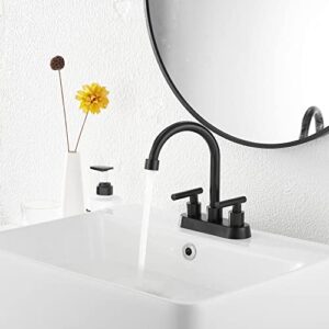 Black Bathroom Sink Faucet GGStudy 2-Handles 4 Inches Matte Black Centerset Faucet with Drain Assembly and Supply Hose Lavatory Faucet Mixer Double Handle Tap Deck Mounted