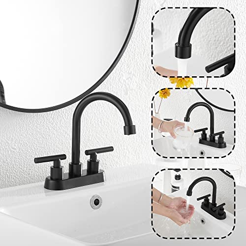 Black Bathroom Sink Faucet GGStudy 2-Handles 4 Inches Matte Black Centerset Faucet with Drain Assembly and Supply Hose Lavatory Faucet Mixer Double Handle Tap Deck Mounted