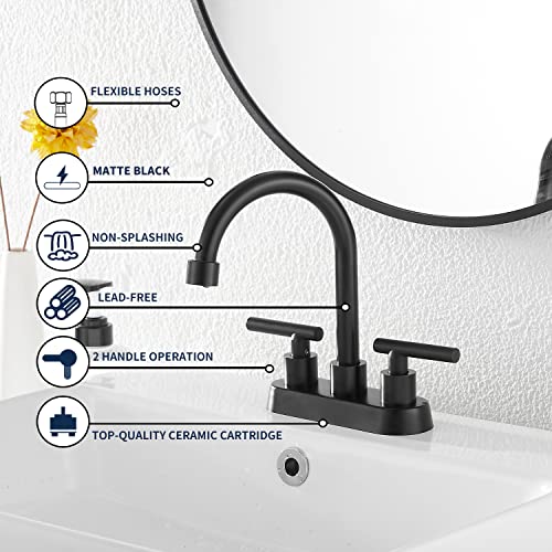 Black Bathroom Sink Faucet GGStudy 2-Handles 4 Inches Matte Black Centerset Faucet with Drain Assembly and Supply Hose Lavatory Faucet Mixer Double Handle Tap Deck Mounted