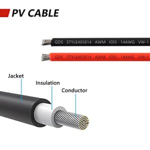 SinLoon 14AWG Solar Extension Cable,1 Pair 14 Gauge PV Solar Panel Bare Cord IP67 Waterproof Male to Female Solar Power Cable with 2 O Ring Terminal,for Solar Panel Wire (14AWG 16.4 FT)