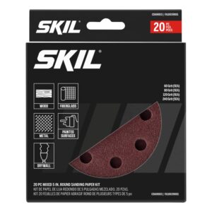 skil 20-piece mixed 5 in. 60/80/120/240 grits round sanding paper kit for skil sanders sr211601/sr6604b-10/sr660302 - cda9003