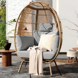 YITAHOME Egg Chair Wicker Outdoor Indoor, Oversized Lounger with 370lbs Capacity Large Egg Chairs with Stand Cushion Egg Basket Chair for Patio, Balcony, Bedroom - Grey