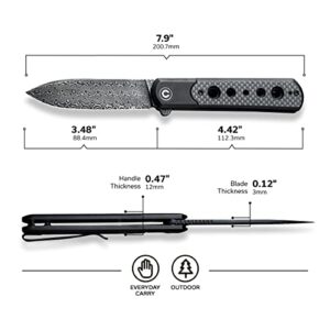 CIVIVI Banneret Folding Pocket Knife, 3.48 inch Damascus Blade Twill Carbon Fiber Inlay Handle Reversible Pocket Clip, EDC Knife for Utility Hiking Camping Fishing Work Outdoor C20040D-DS1