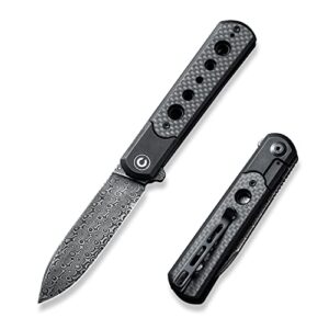civivi banneret folding pocket knife, 3.48 inch damascus blade twill carbon fiber inlay handle reversible pocket clip, edc knife for utility hiking camping fishing work outdoor c20040d-ds1