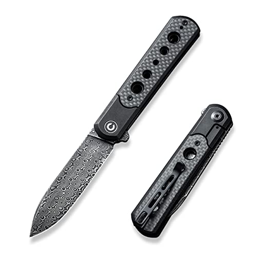 CIVIVI Banneret Folding Pocket Knife, 3.48 inch Damascus Blade Twill Carbon Fiber Inlay Handle Reversible Pocket Clip, EDC Knife for Utility Hiking Camping Fishing Work Outdoor C20040D-DS1