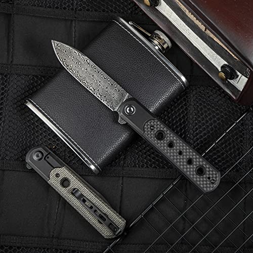 CIVIVI Banneret Folding Pocket Knife, 3.48 inch Damascus Blade Twill Carbon Fiber Inlay Handle Reversible Pocket Clip, EDC Knife for Utility Hiking Camping Fishing Work Outdoor C20040D-DS1