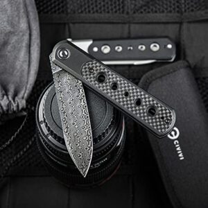 CIVIVI Banneret Folding Pocket Knife, 3.48 inch Damascus Blade Twill Carbon Fiber Inlay Handle Reversible Pocket Clip, EDC Knife for Utility Hiking Camping Fishing Work Outdoor C20040D-DS1