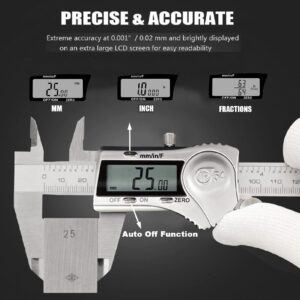 Digital Caliper Micrometer Measuring Tool - 6 Inch /150mm Stainless Steel Electronic Vernier Calipers, IP54 Waterproof Protection Accuracy Gauge Switch from Inch Metric Fraction with LCD Screen